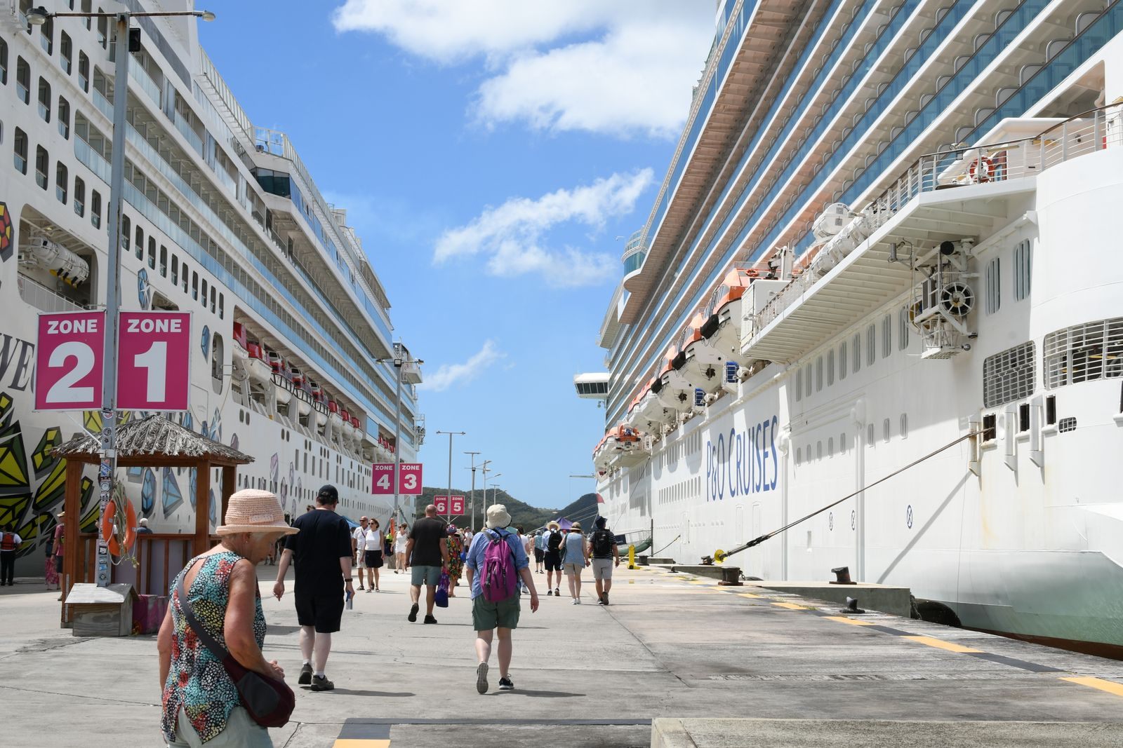 Cruise passengers walking along a pier